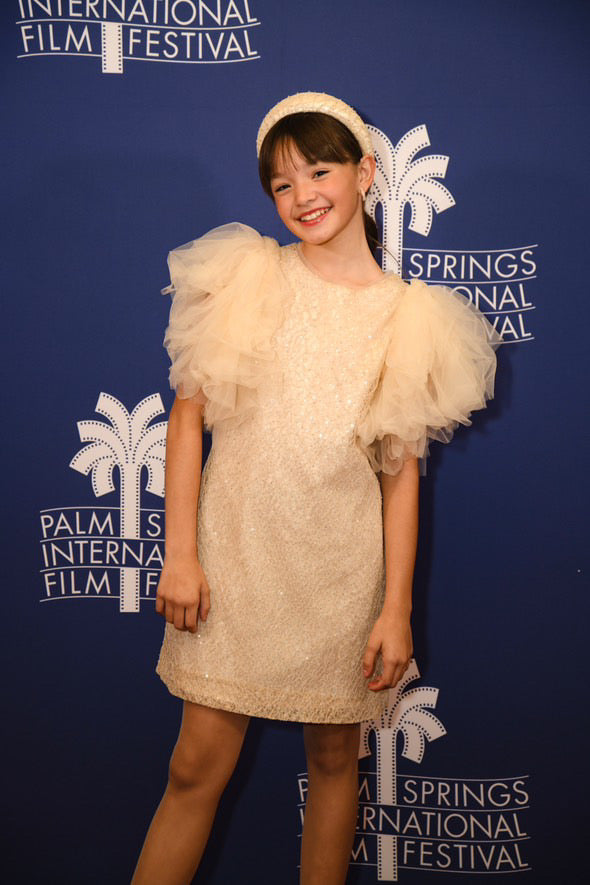 Luciana Elisa Quiñonez is wearing Sonata Tulle Sleeve Sequin Beaded Lace Beige Dress