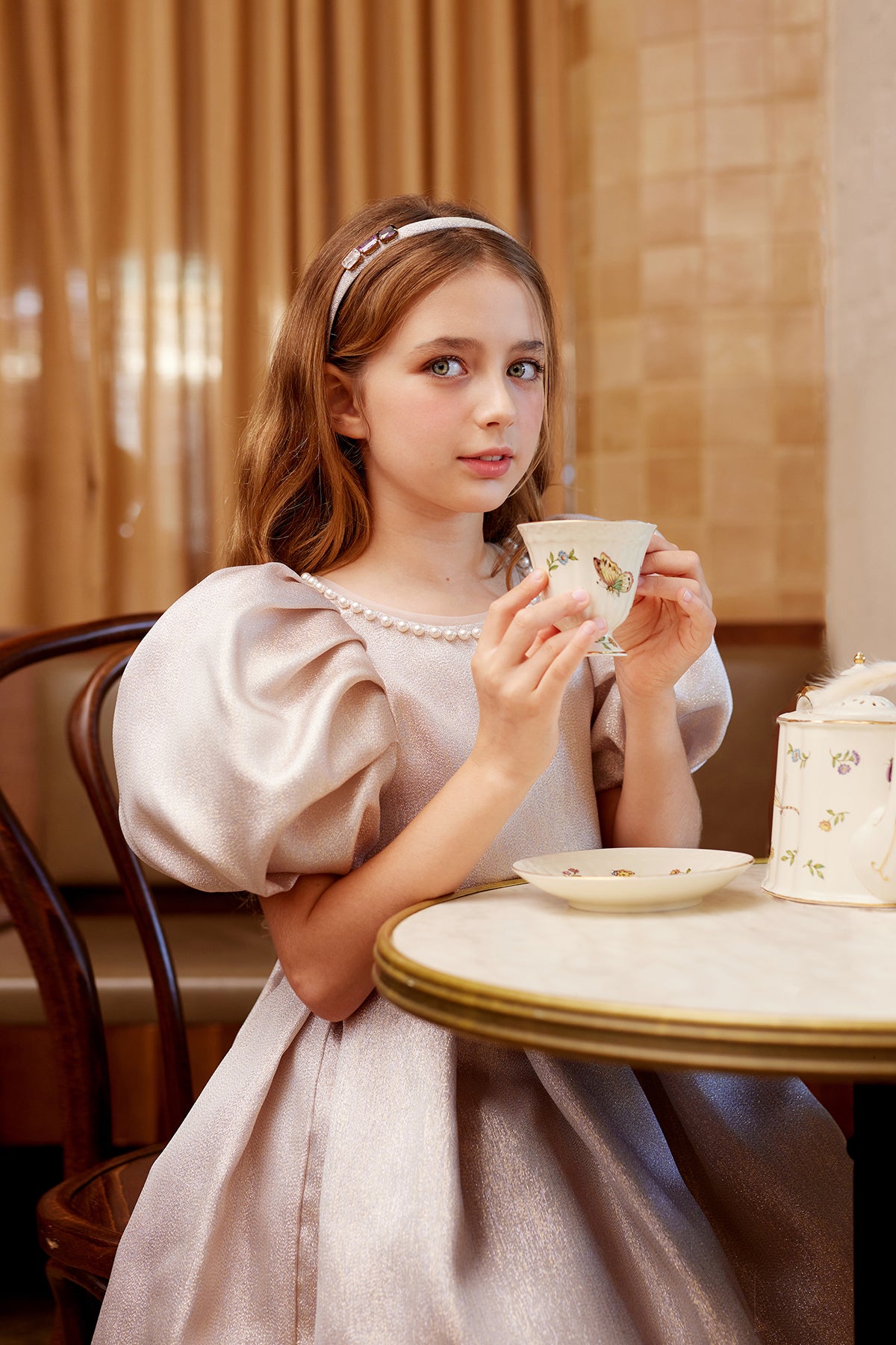 Girls Aurora Puff Sleeve Dress With Pearls