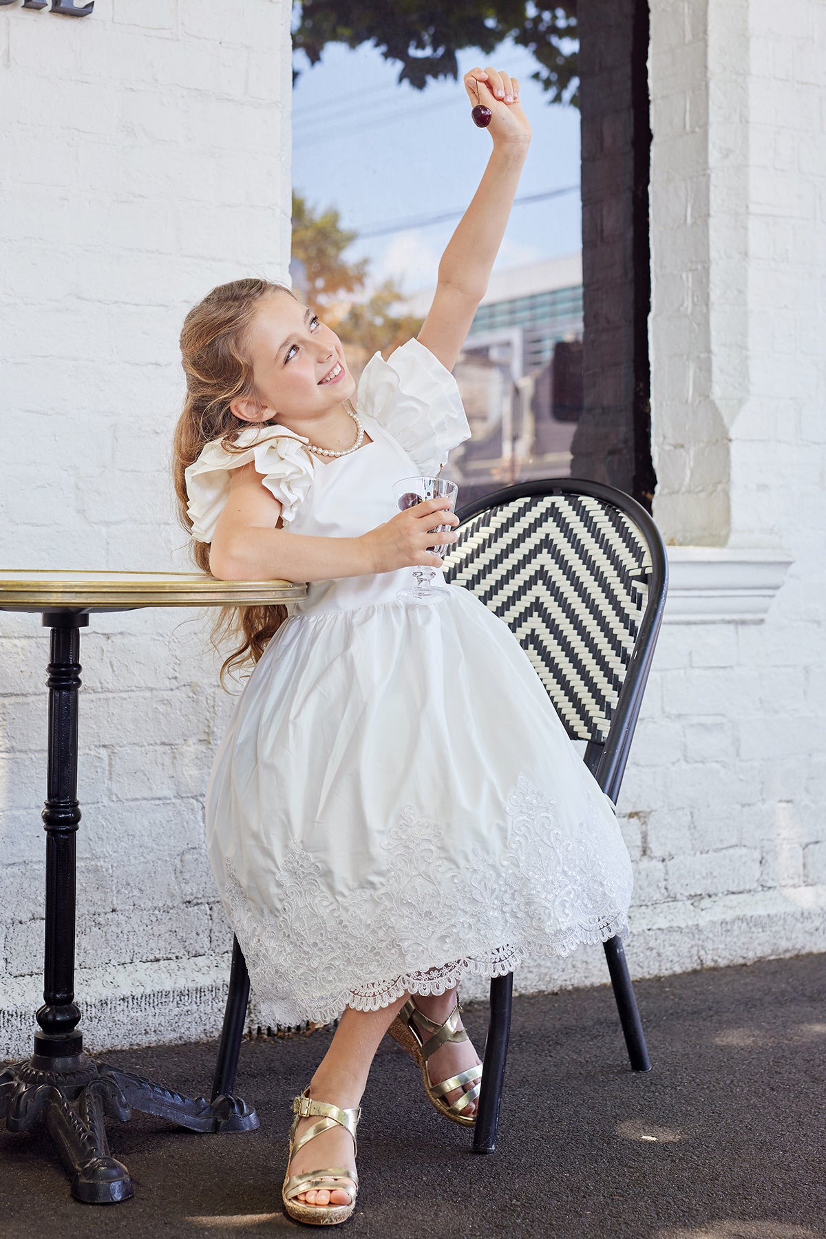 Girls Giselle Ruffled Sleeve Cotton Dress With Lace