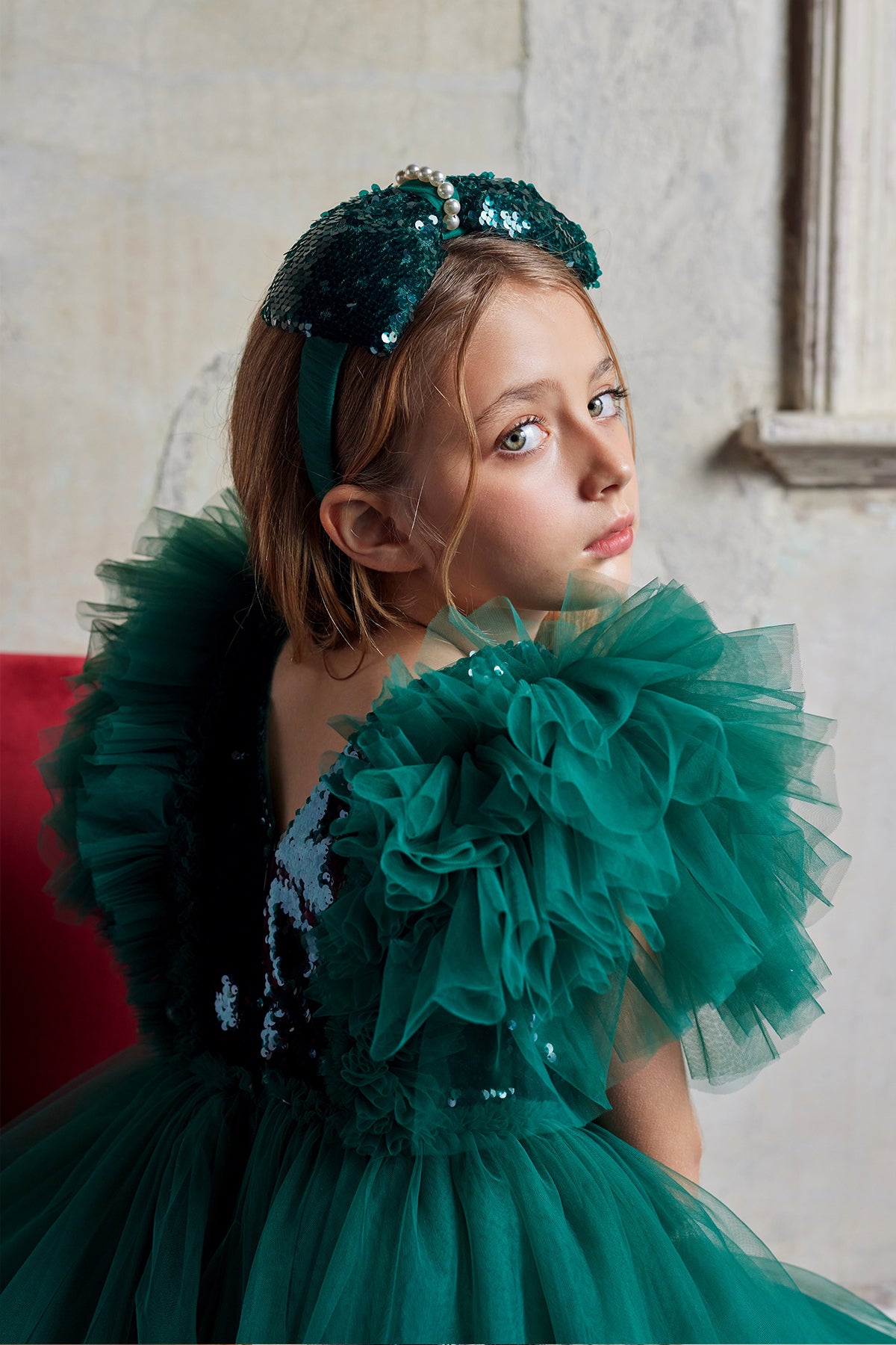 Girls Merida Sequined Tulle Dress In Emerald