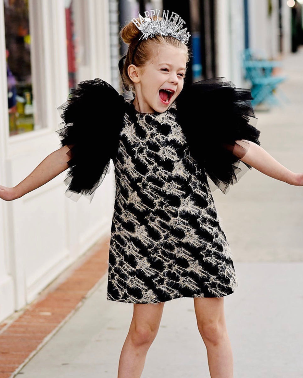 Girls Sonata Tulle Sleeve Tweed Little Black Dress