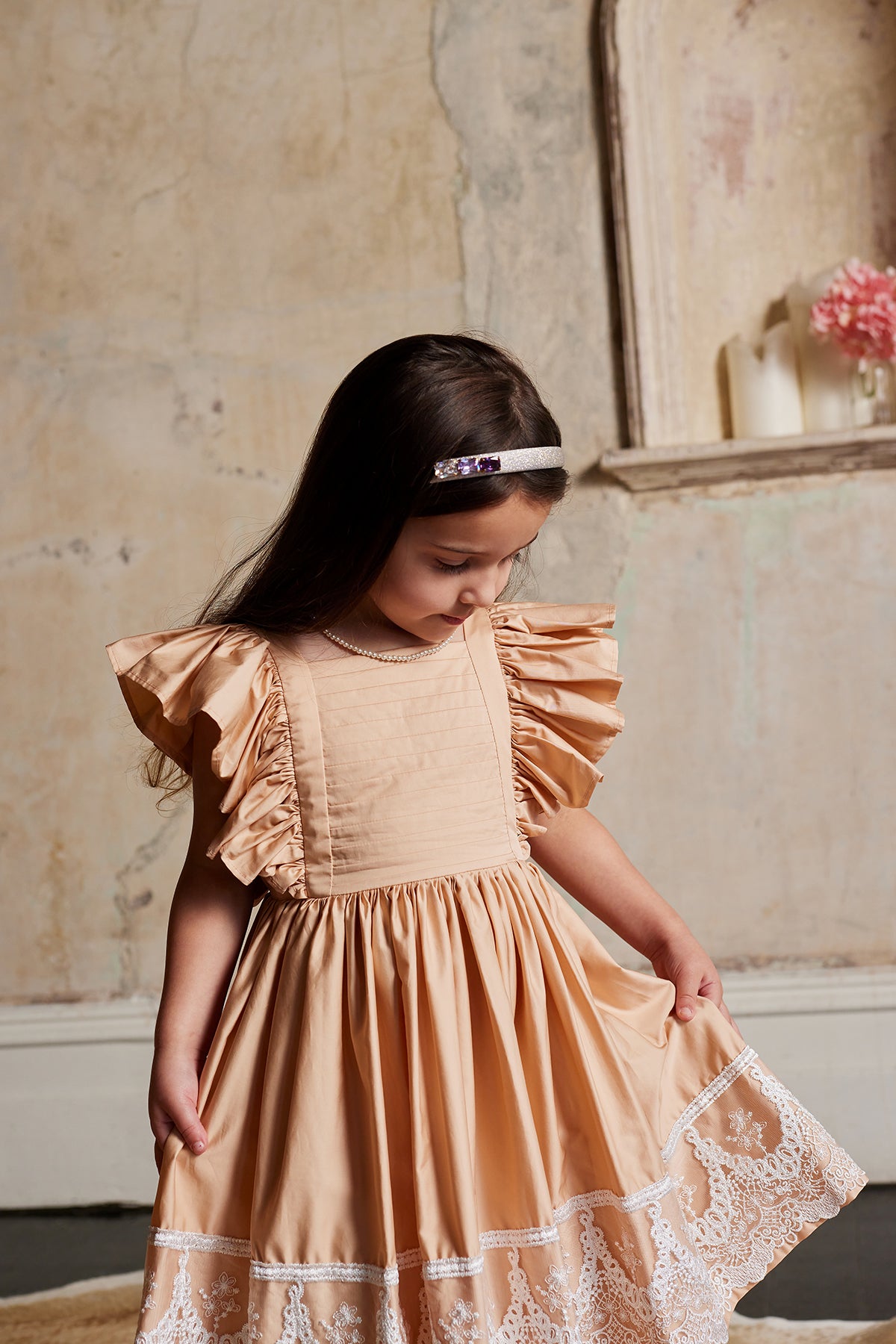 Baby Girls Alice Cotton Sateen Dress With Lace In Latte