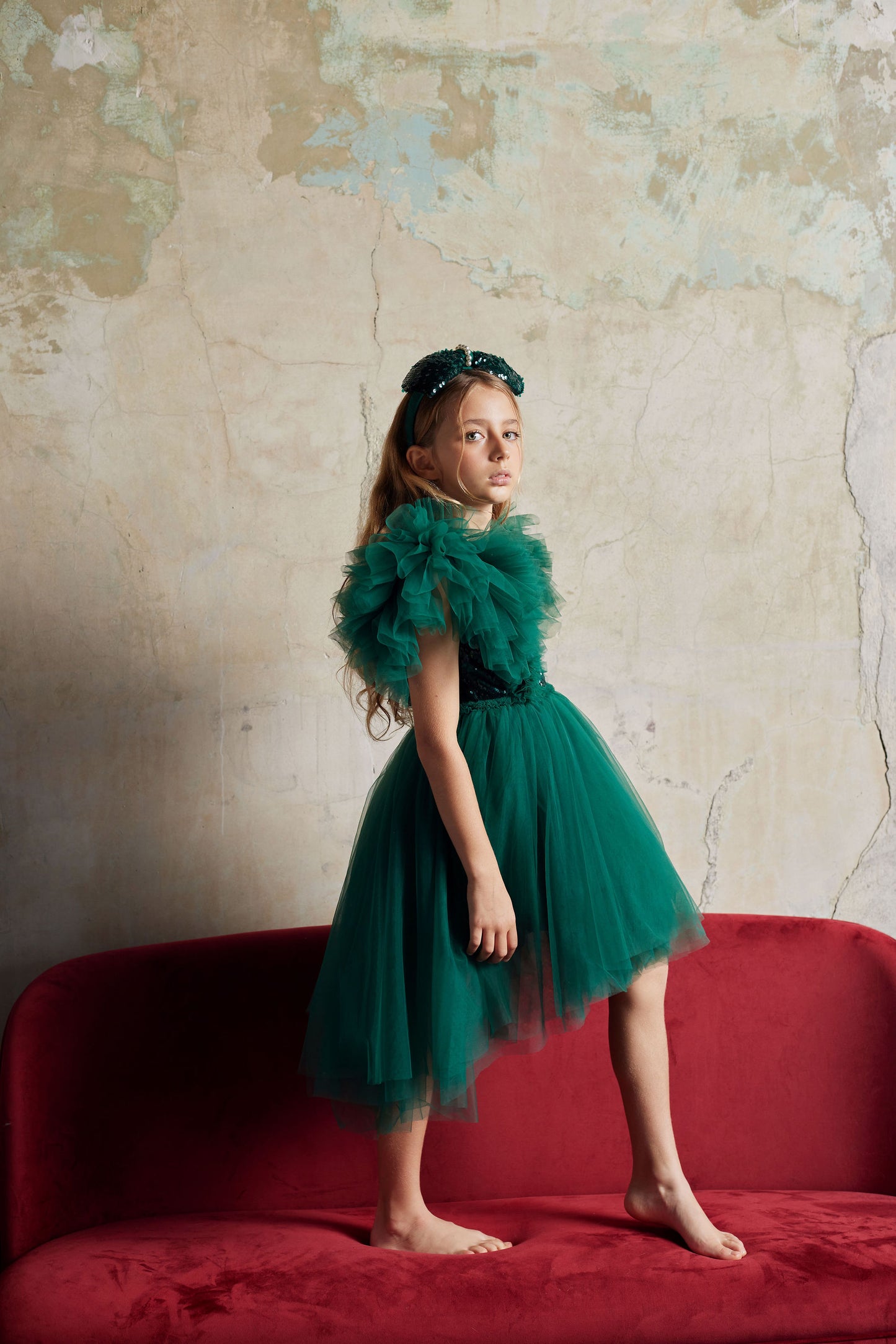 Girls Merida Sequined Tulle Dress In Emerald