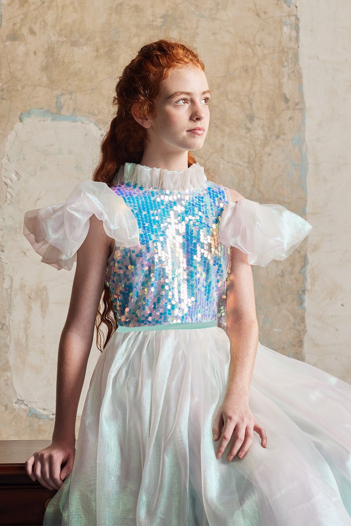 Girls Ariel Sequin Organza Aqua Dress Mulberry Silk Ribbon Waistband