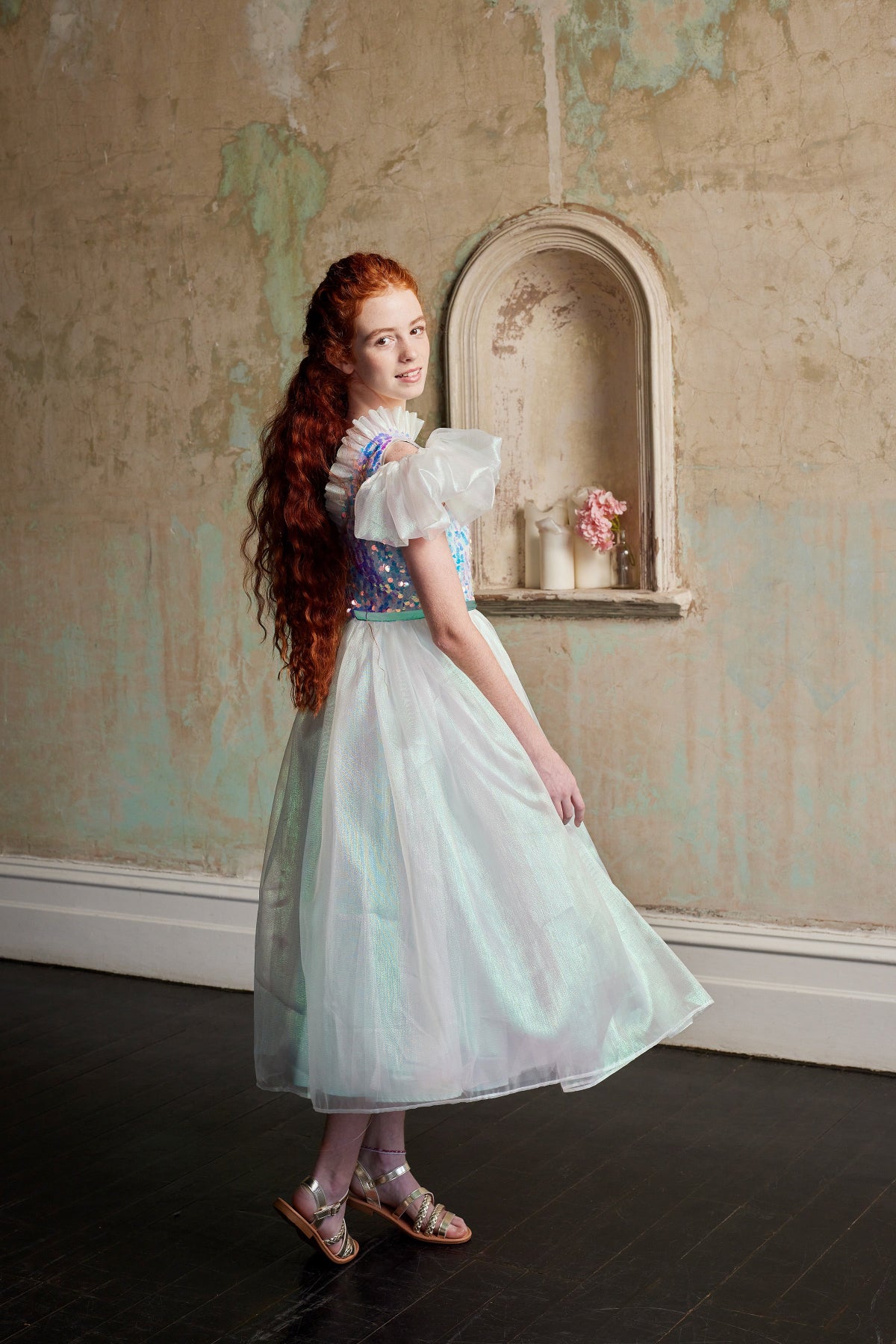 Girls Ariel Sequin Organza Aqua Dress Mulberry Silk Ribbon Waistband