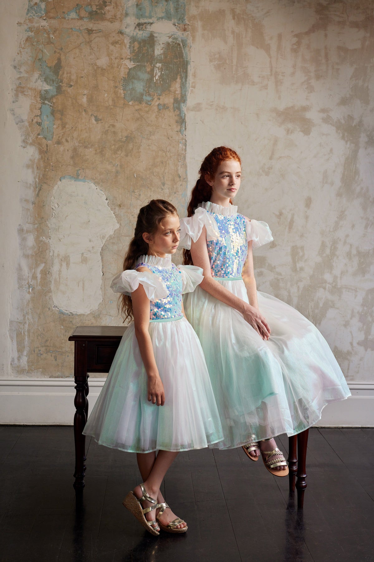 Girls Ariel Sequin Organza Aqua Dress Mulberry Silk Ribbon Waistband