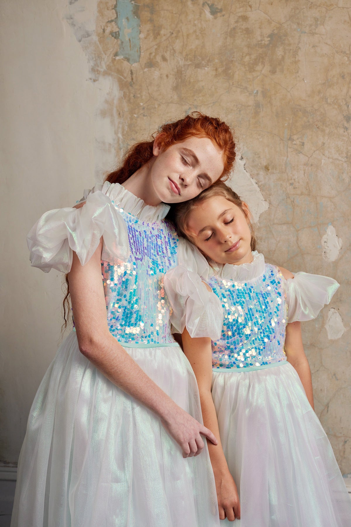 Girls Ariel Sequin Organza Aqua Dress Mulberry Silk Ribbon Waistband