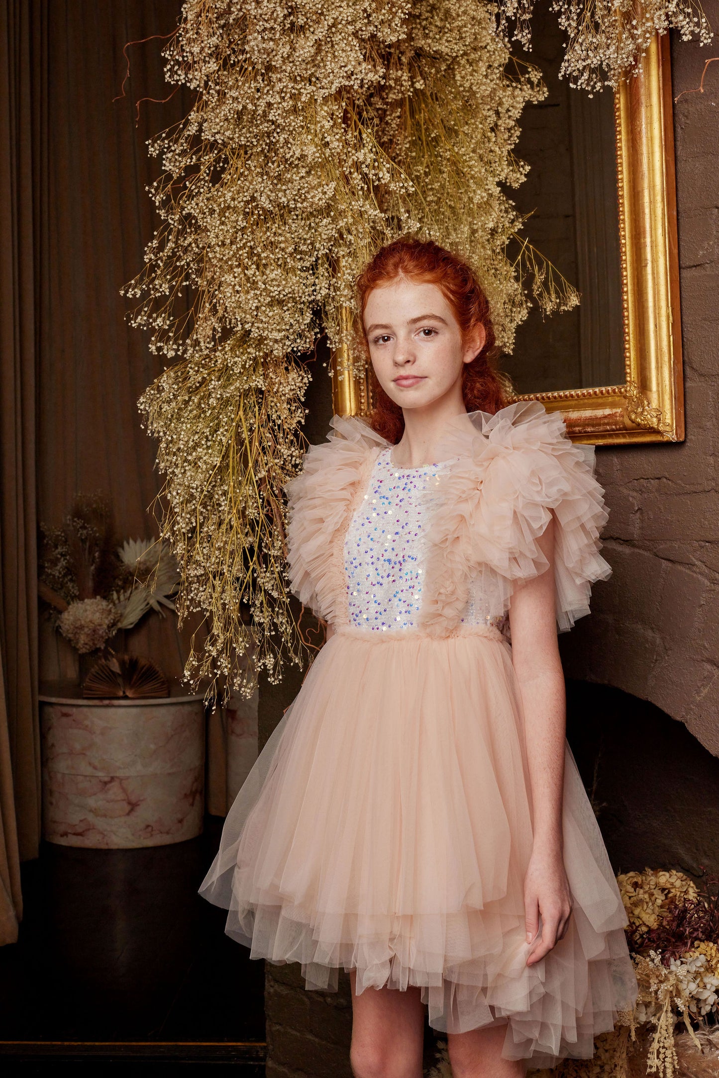 Girls Merida Sequined Tulle Dress In Peach