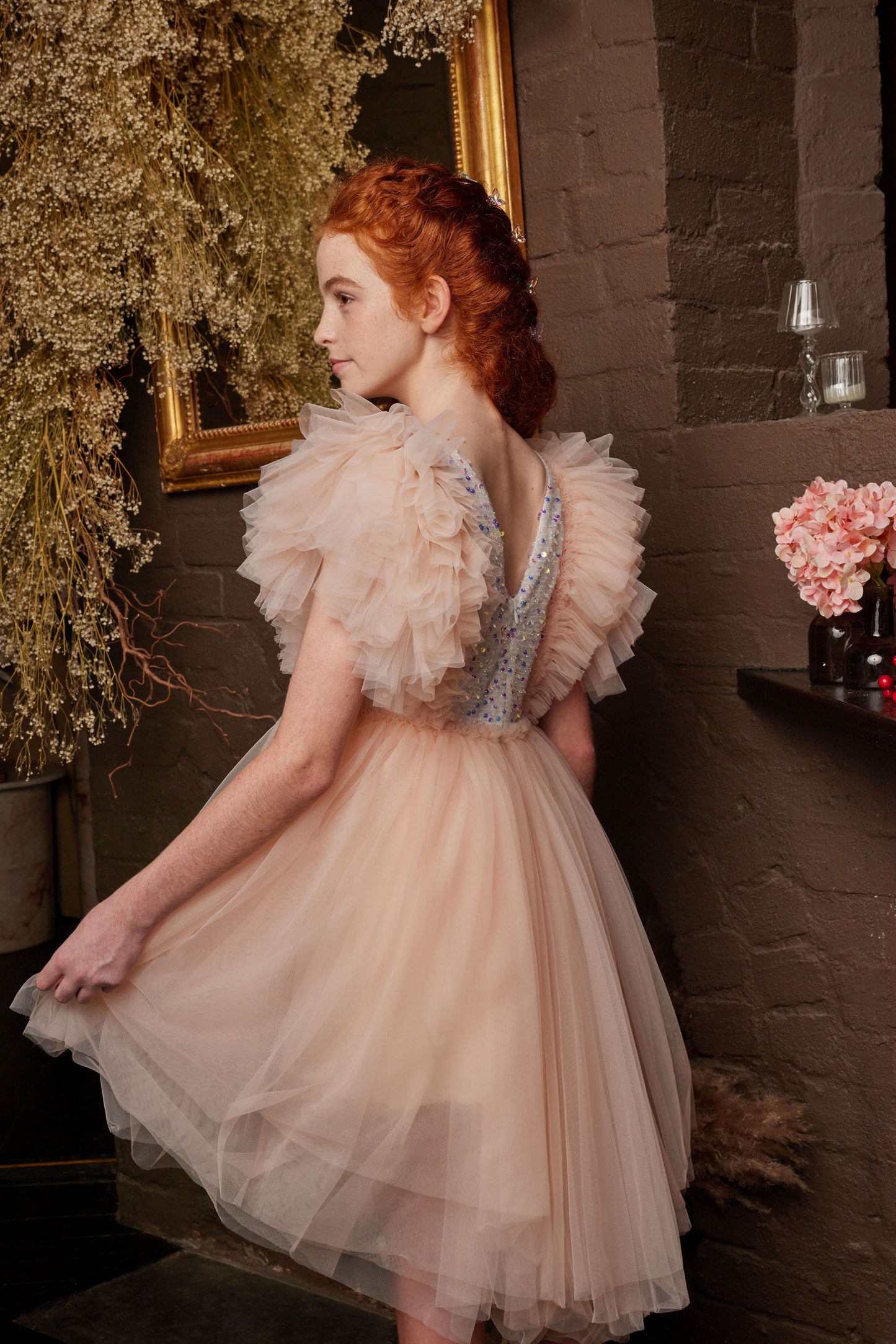 Girls Merida Sequined Tulle Dress In Peach