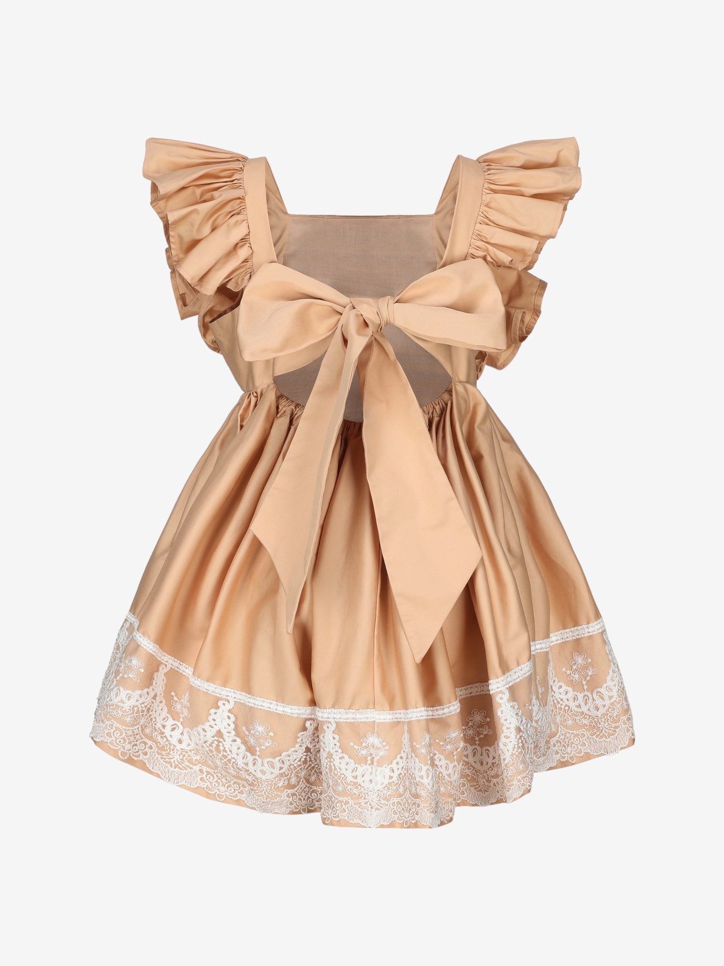 Baby Girls Alice Cotton Sateen Dress With Lace In Latte back