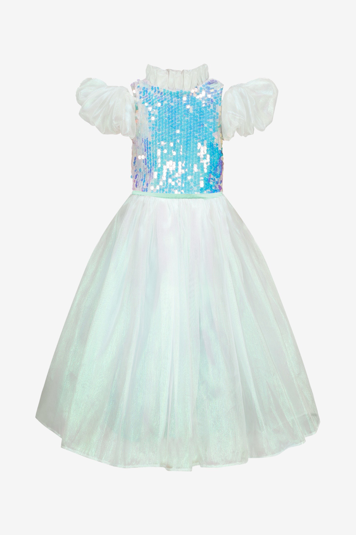 Girls Ariel Sequin Organza Aqua Dress Mulberry Silk Ribbon Waistband