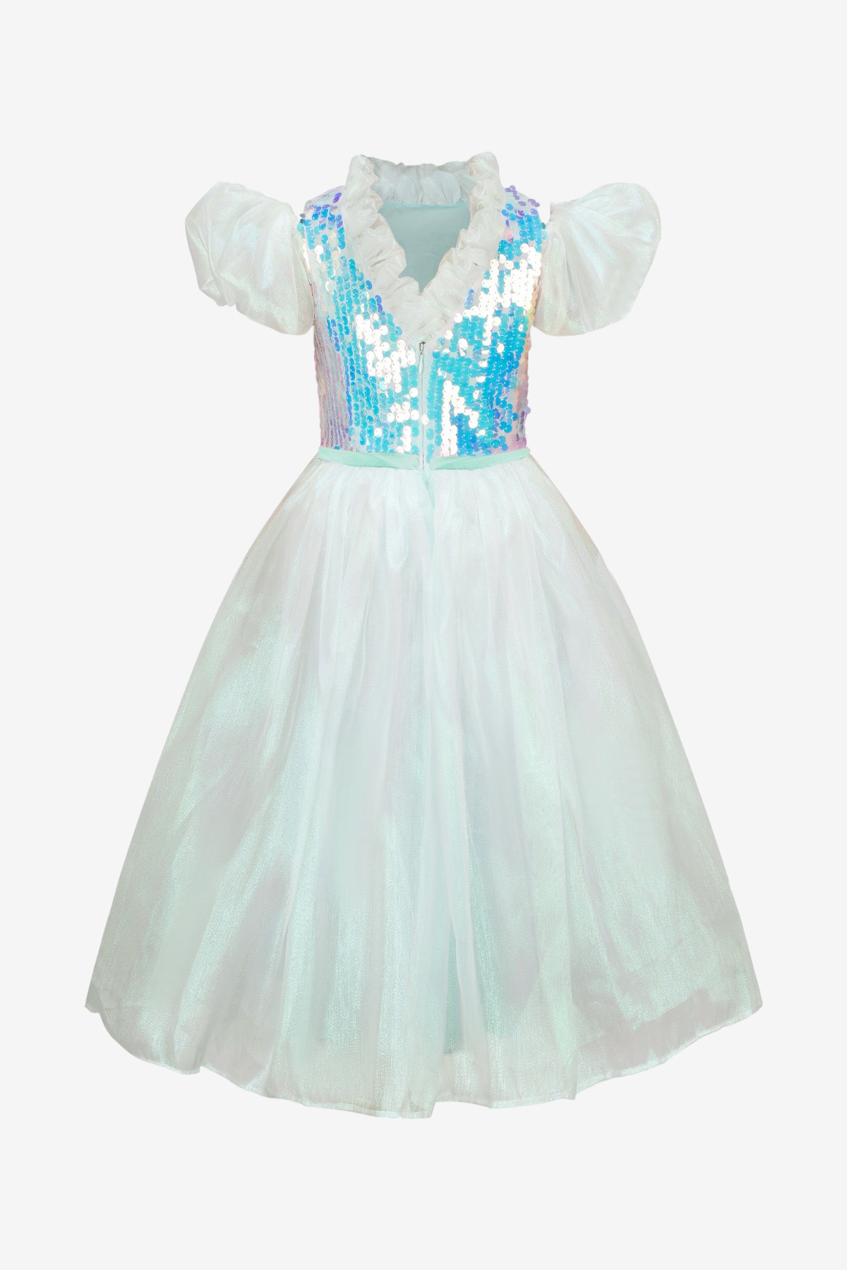 Girls Ariel Sequin Organza Aqua Dress Mulberry Silk Ribbon Waistband