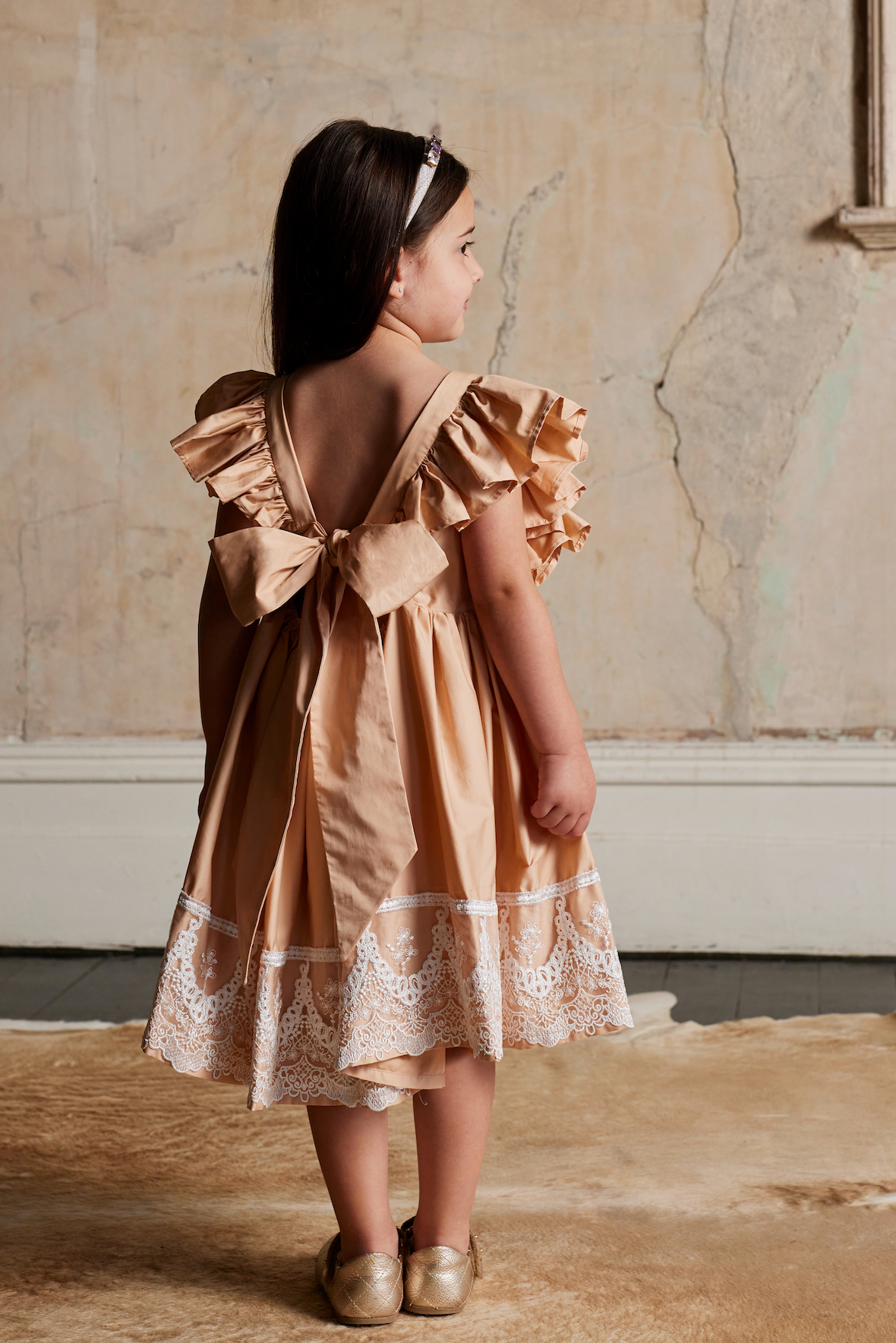 Baby Girls Alice Cotton Sateen Dress With Lace In Latte