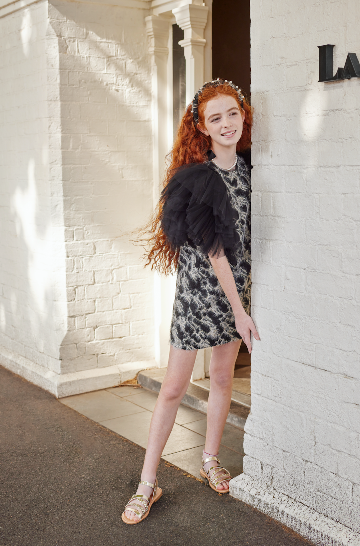 Girls Sonata Tweed Dress With Tulle Sleeve