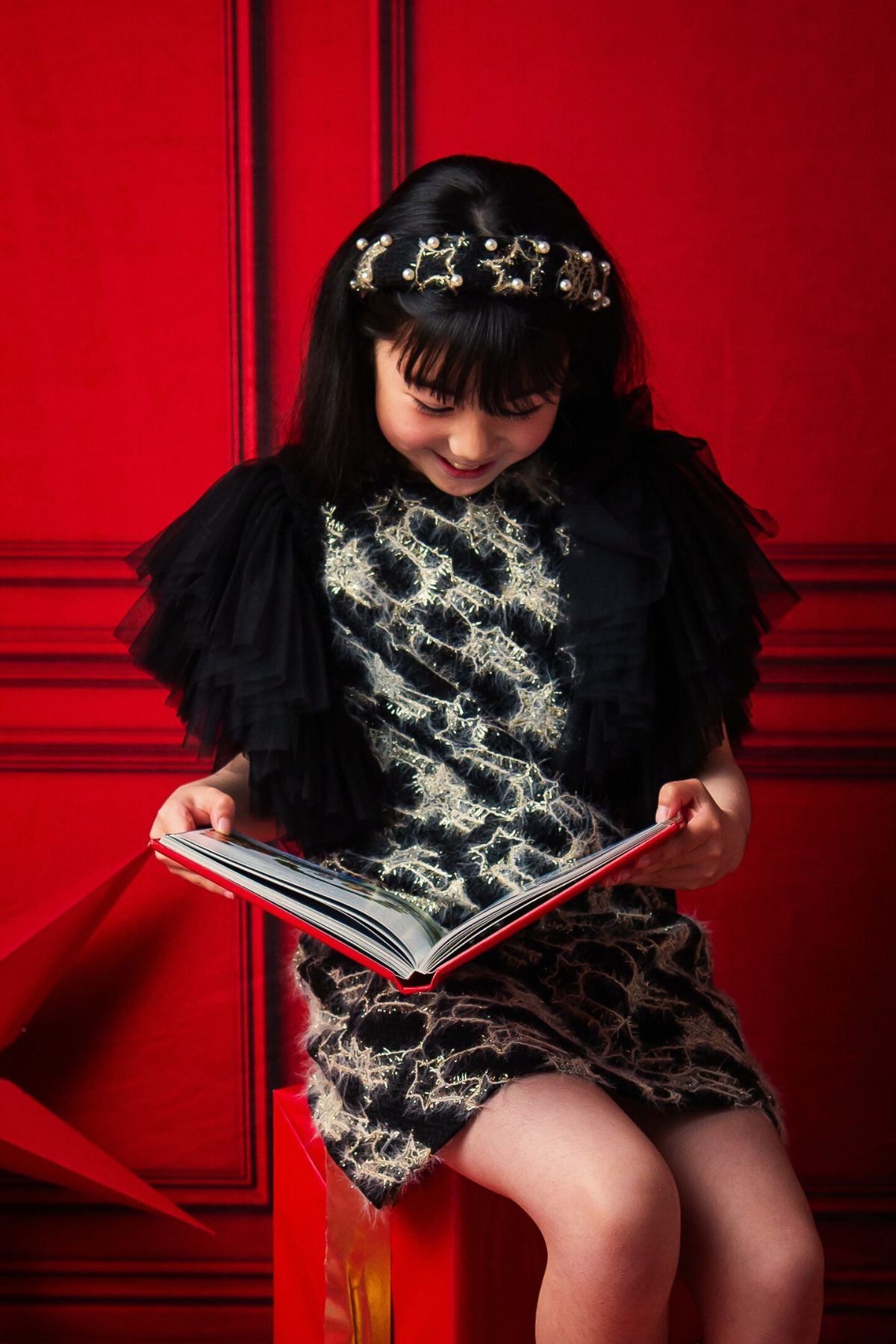 Girls Sonata Tulle Sleeve Tweed Mini Black Dress