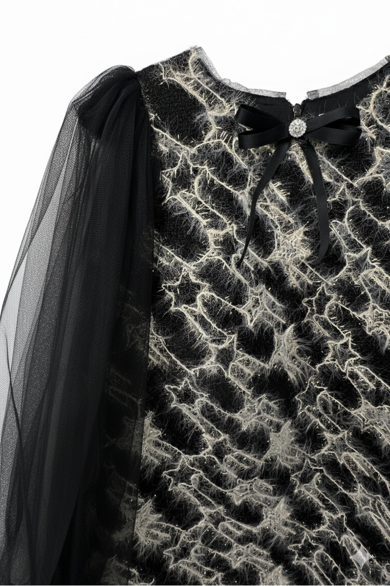 Girls Sonata Black Tweed Dress with Tulle Long Sleeves