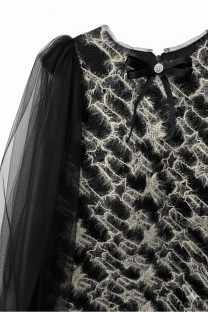 Girls Sonata Black Tweed Dress with Tulle Long Sleeves