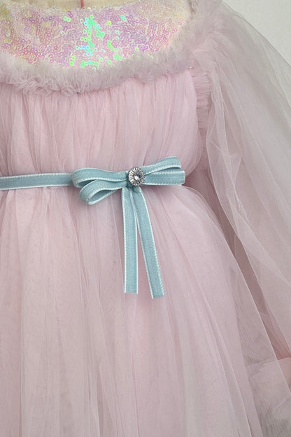 Baby Girls Tulle Long Sleeve  Dress With Velvet belt
