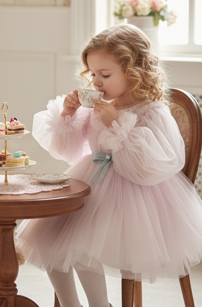 Baby Girls Tulle Long Sleeve  Dress With Velvet belt