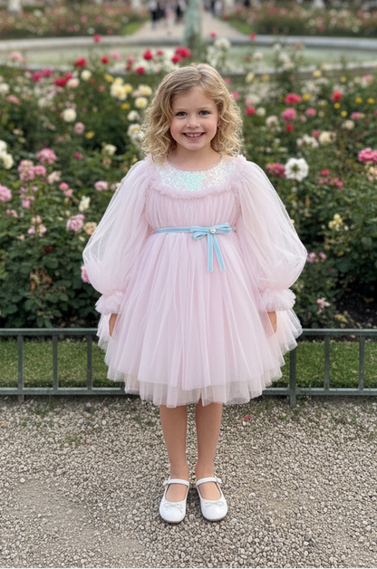 Baby Girls Tulle Long Sleeve  Dress With Velvet belt
