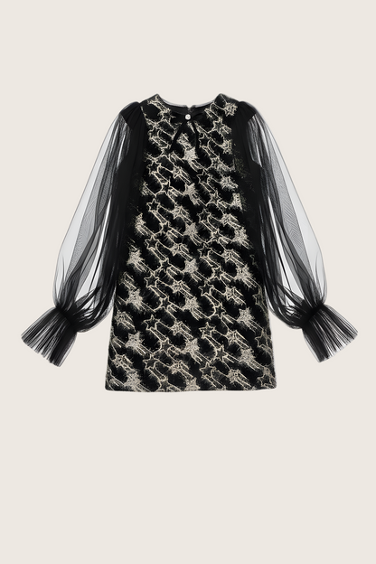 Girls Sonata Black Tweed Dress with Tulle Long Sleeves