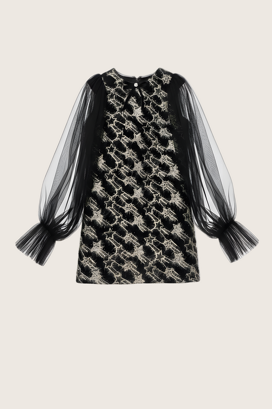 Girls Sonata Black Tweed Dress with Tulle Long Sleeves