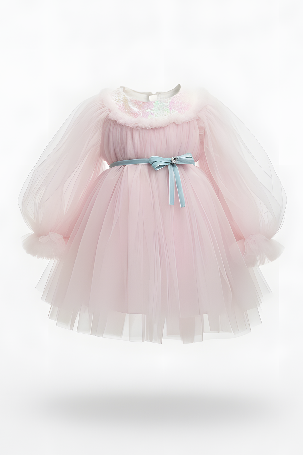 Baby Girls Tulle Long Sleeve  Dress With Velvet belt