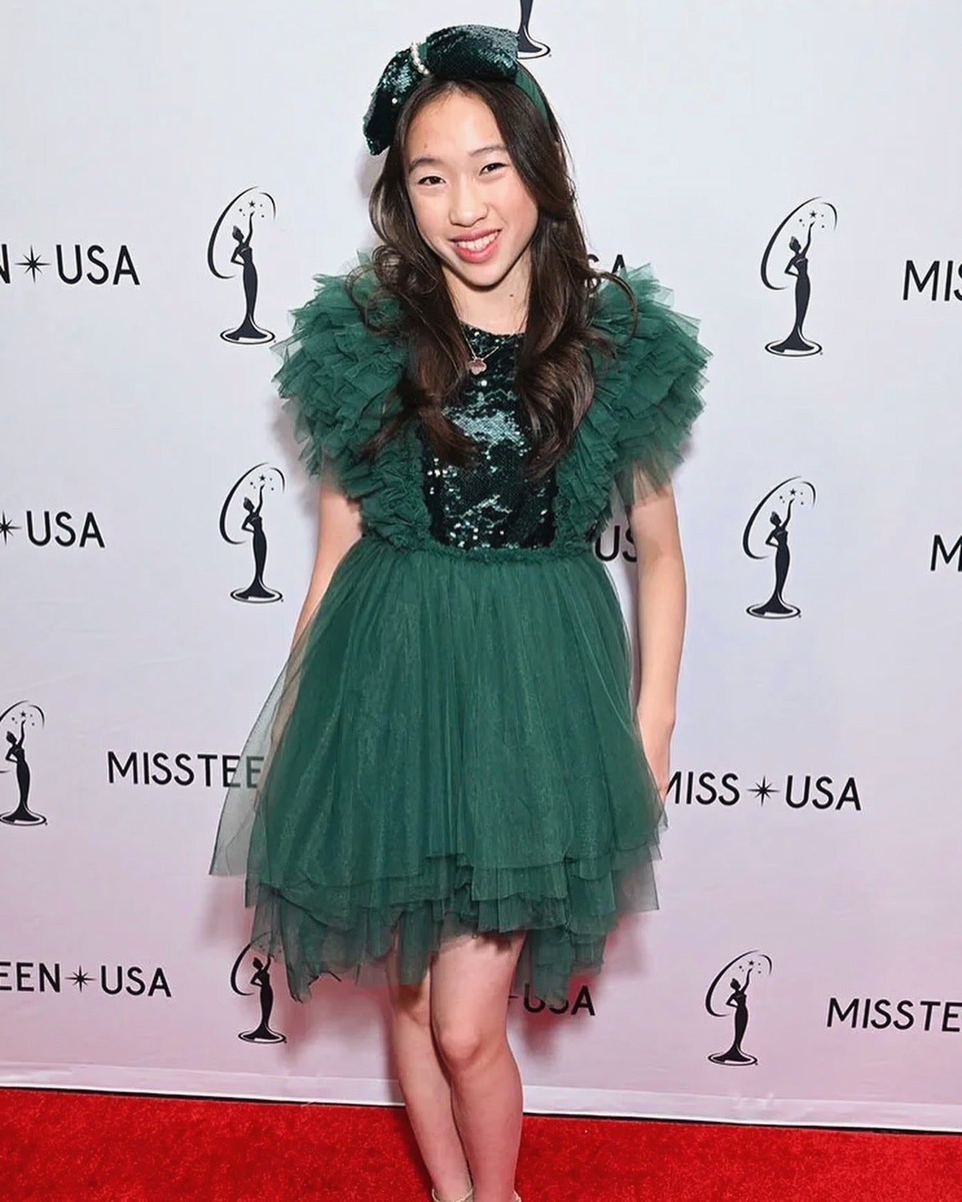 Reagan To, US wearing Girls Merida Sequined Tutu Tulle Dress In Emerald to Miss Teen USA 
