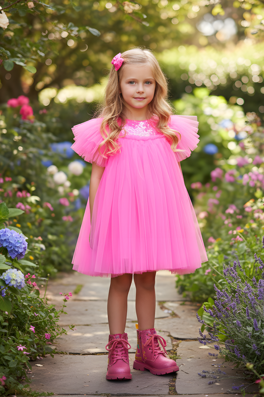 Baby Girls Bell Sequin Tulle Hot Pink Dress Top