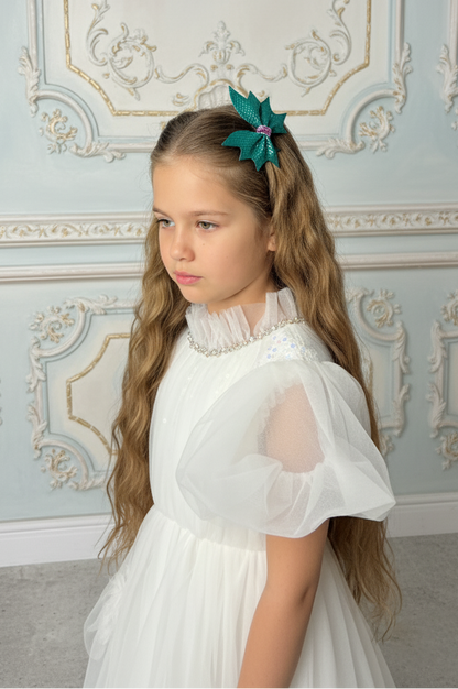 Girls Leather Butterfuly Hair Clip Emerald Green