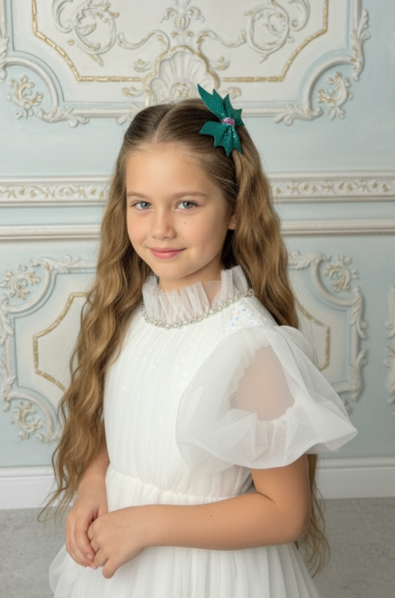 Girls Leather Butterfuly Hair Clip Emerald Green