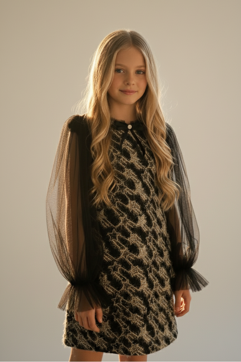 Girls Bishop Tulle Long Sleeve Black Tweed Dress With Detachable Ribbon Brooch