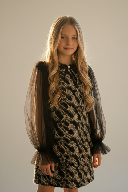 Girls Bishop Tulle Long Sleeve Black Tweed Dress With Detachable Ribbon Brooch