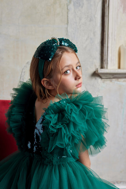 Girls Emerald Green Hairband with Bow and Pearls