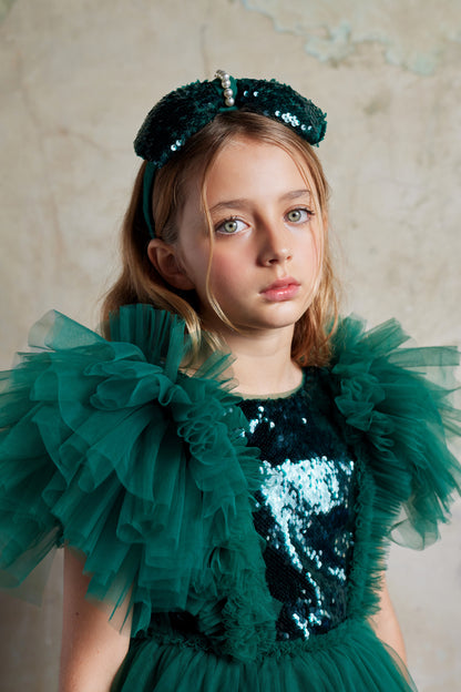 Girls Emerald Green Hairband with Bow and Pearls