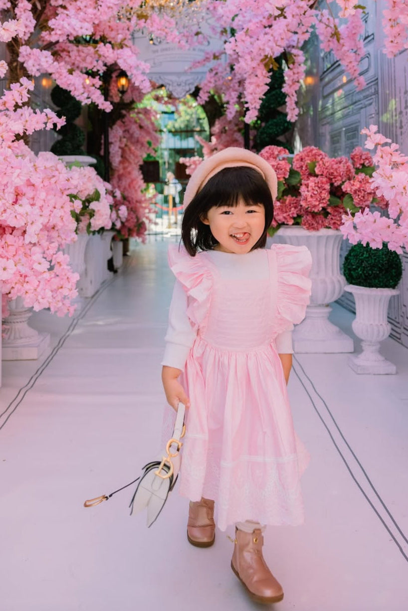 Baby Girls Alice Cotton Sateen Pinafore Dress With Lace In Pearl Pink
