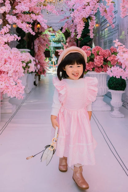 Baby Girls Alice Cotton Sateen Pinafore Dress With Lace In Pearl Pink