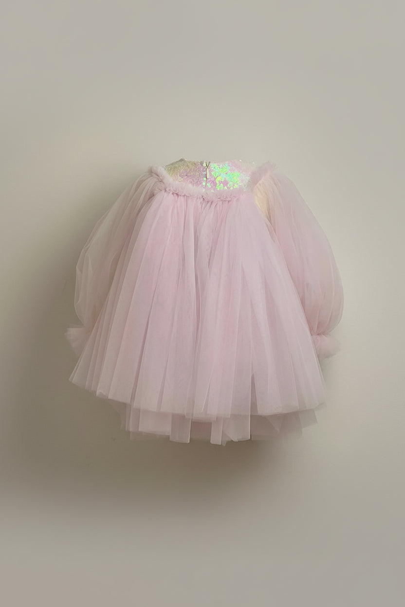 Baby Girls Tulle Long Sleeve  Dress With Velvet belt