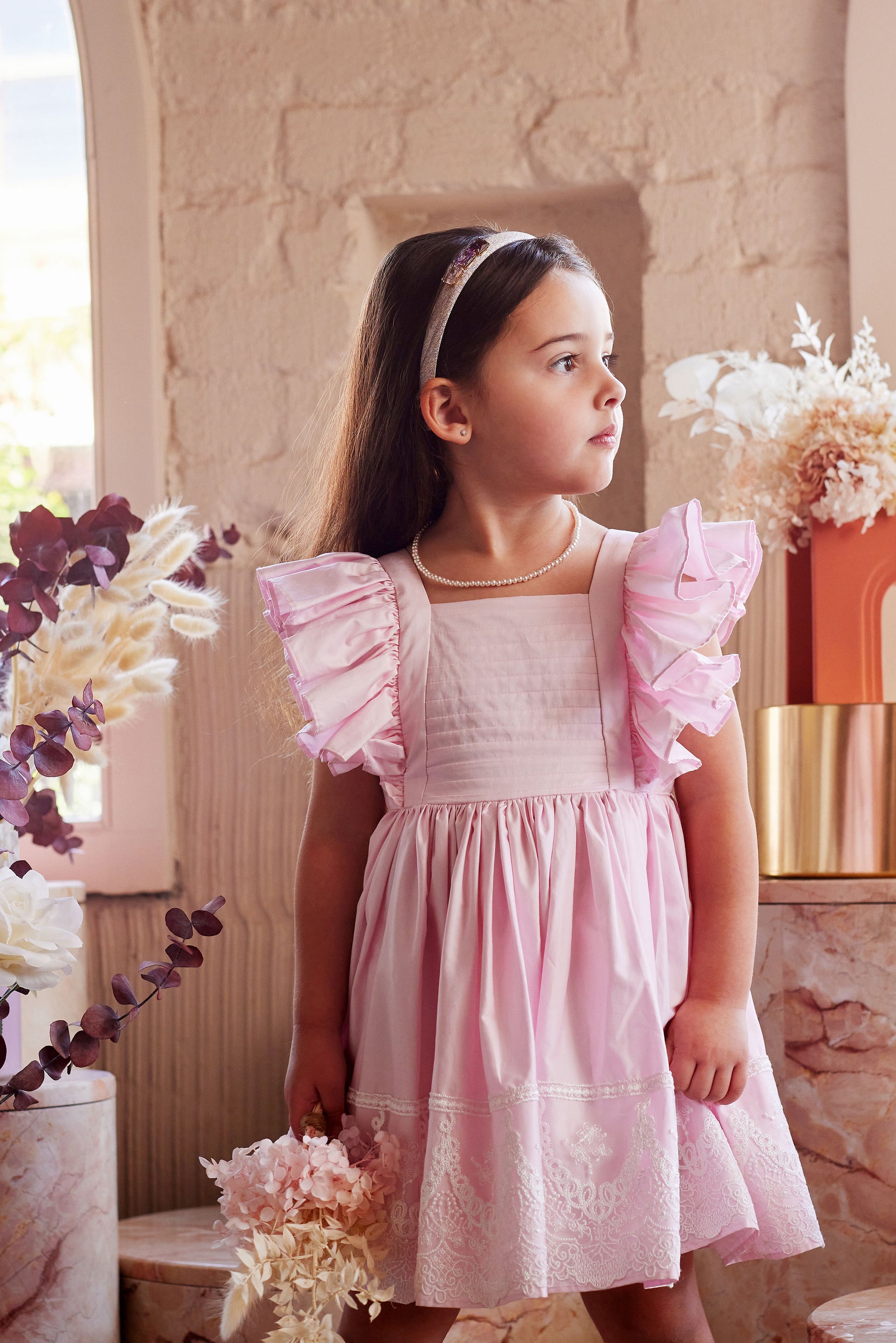 Baby Girls Alice Cotton Sateen Dress With Lace In Pearl Pink