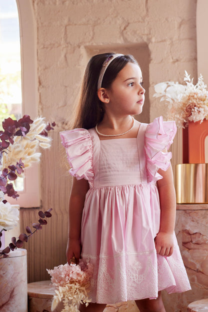 Baby Girls Alice Cotton Sateen Dress With Lace In Pearl Pink