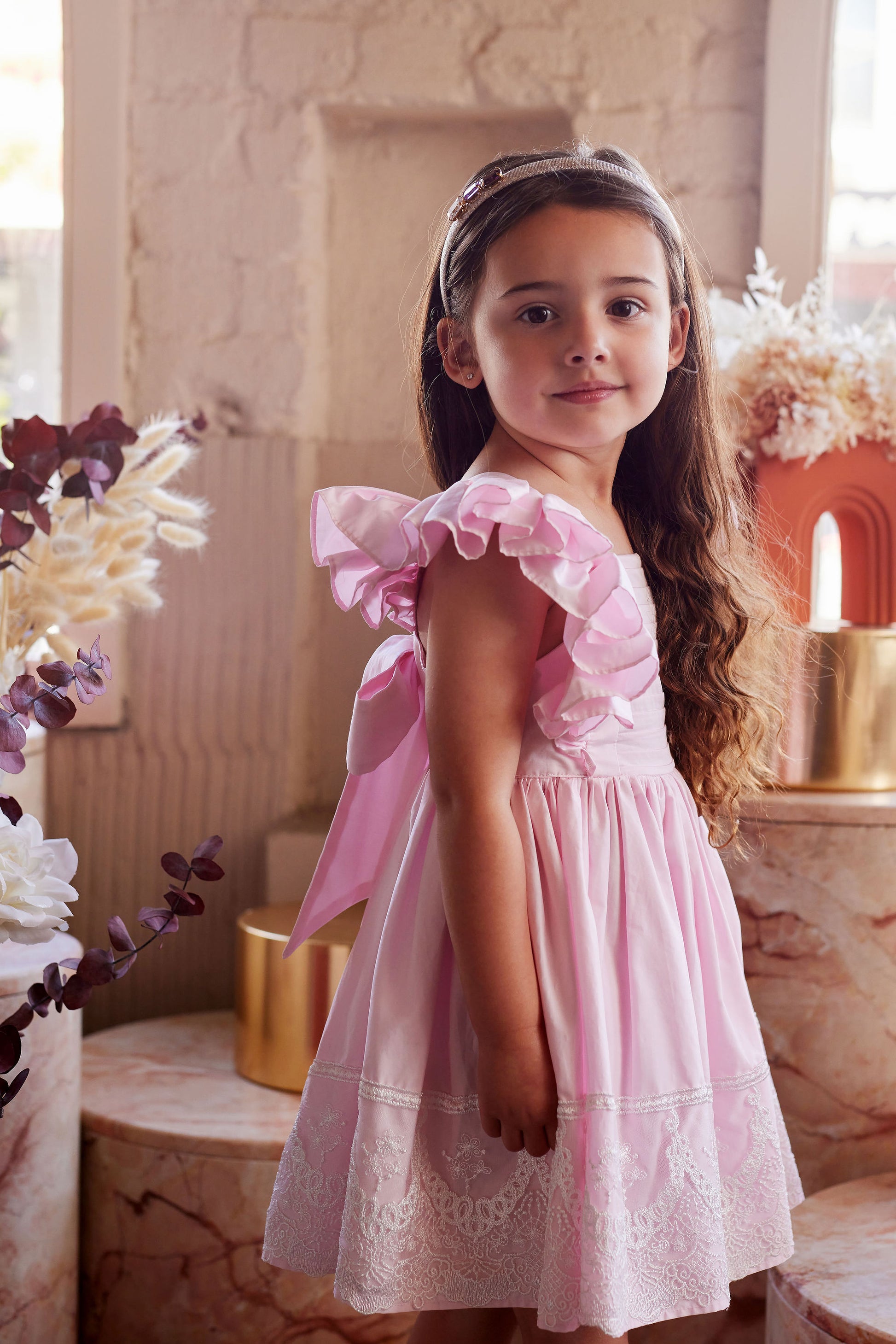Baby Girls Alice Cotton Sateen Dress With Lace In Pearl Pink