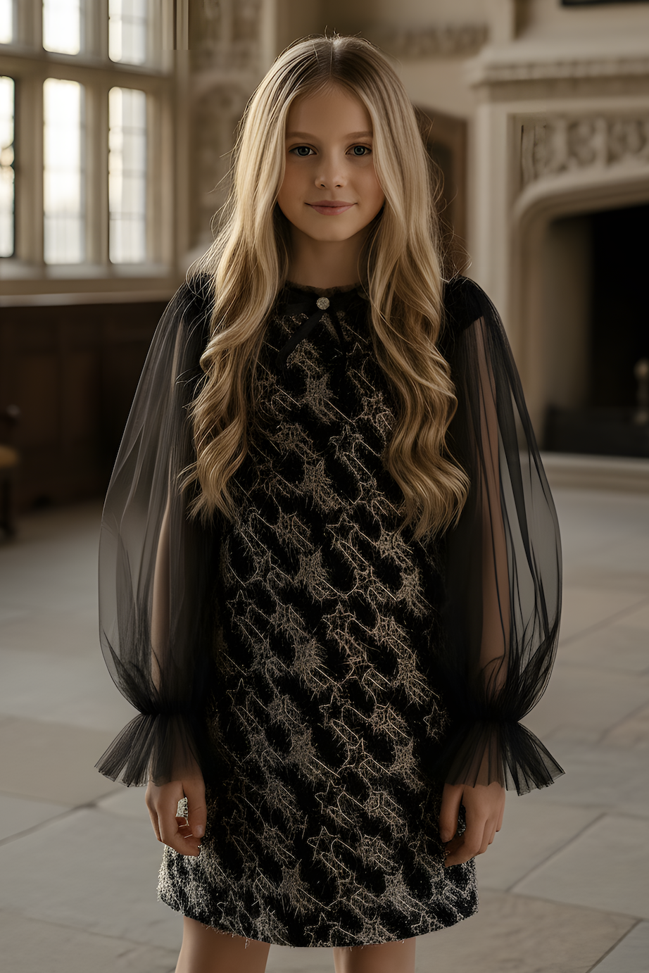 Girls Sonata Black Tweed Dress with Tulle Long Sleeves