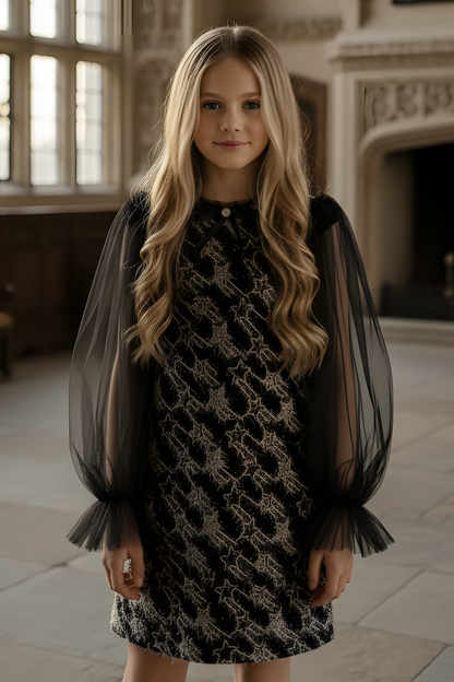 Girls Sonata Black Tweed Dress with Tulle Long Sleeves