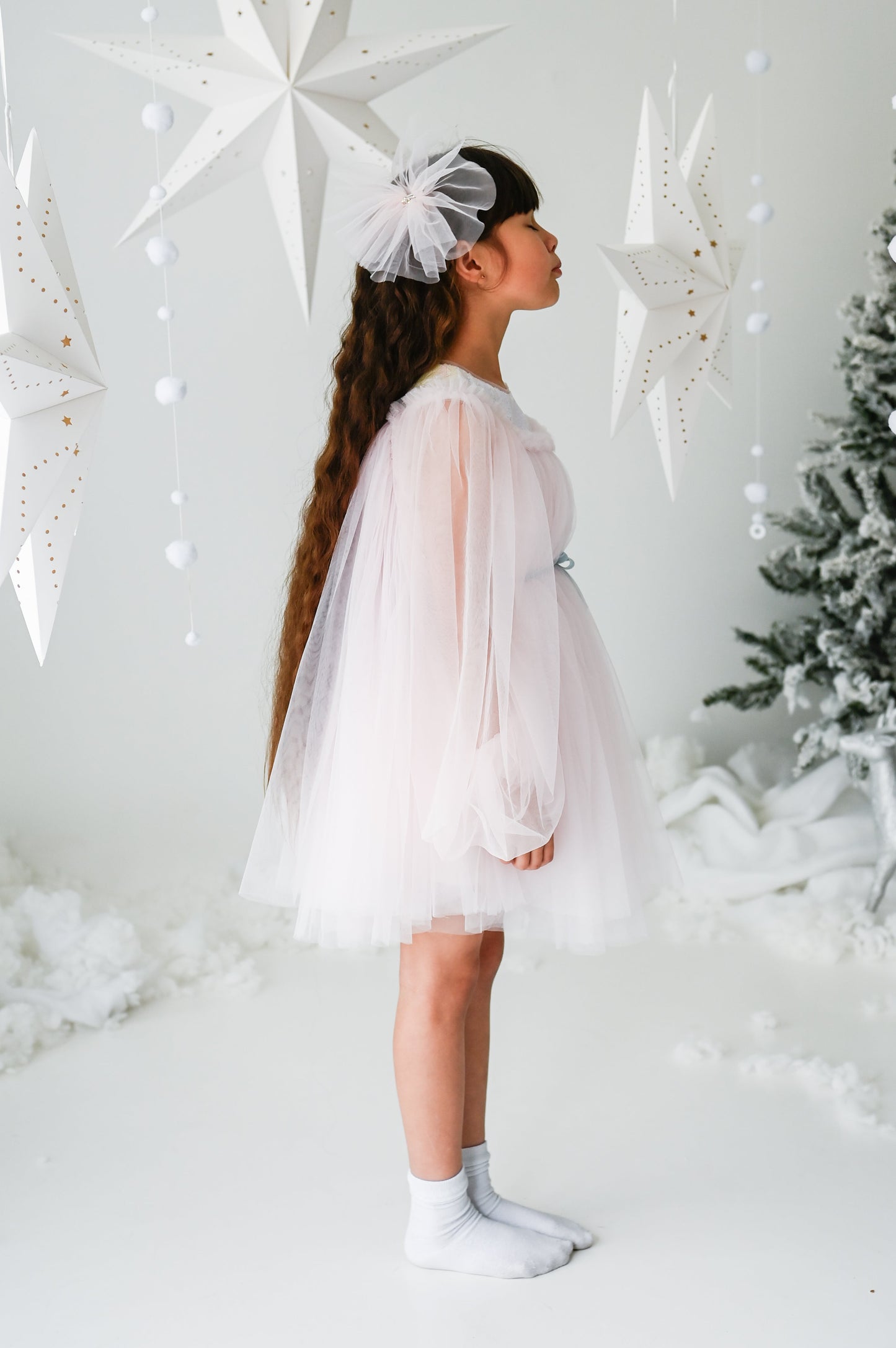 Baby Girls Tulle Long Sleeve  Dress With Velvet belt