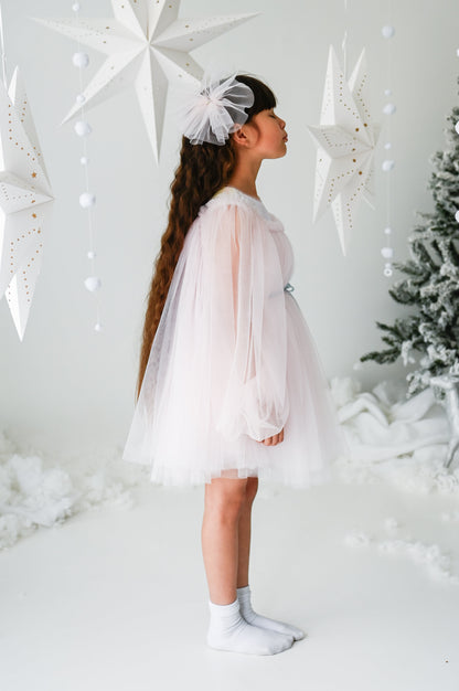 Baby Girls Tulle Long Sleeve  Dress With Velvet belt