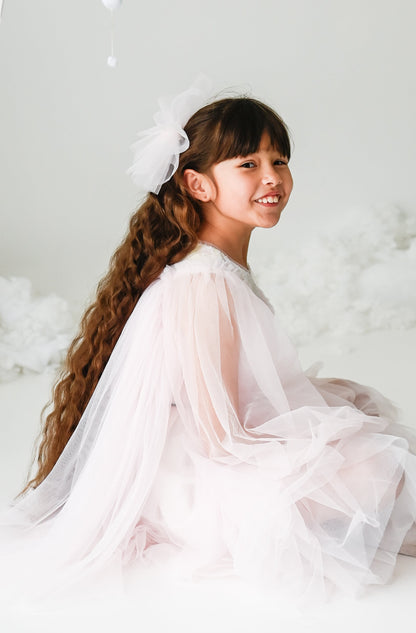 Baby Girls Tulle Long Sleeve  Dress With Velvet belt