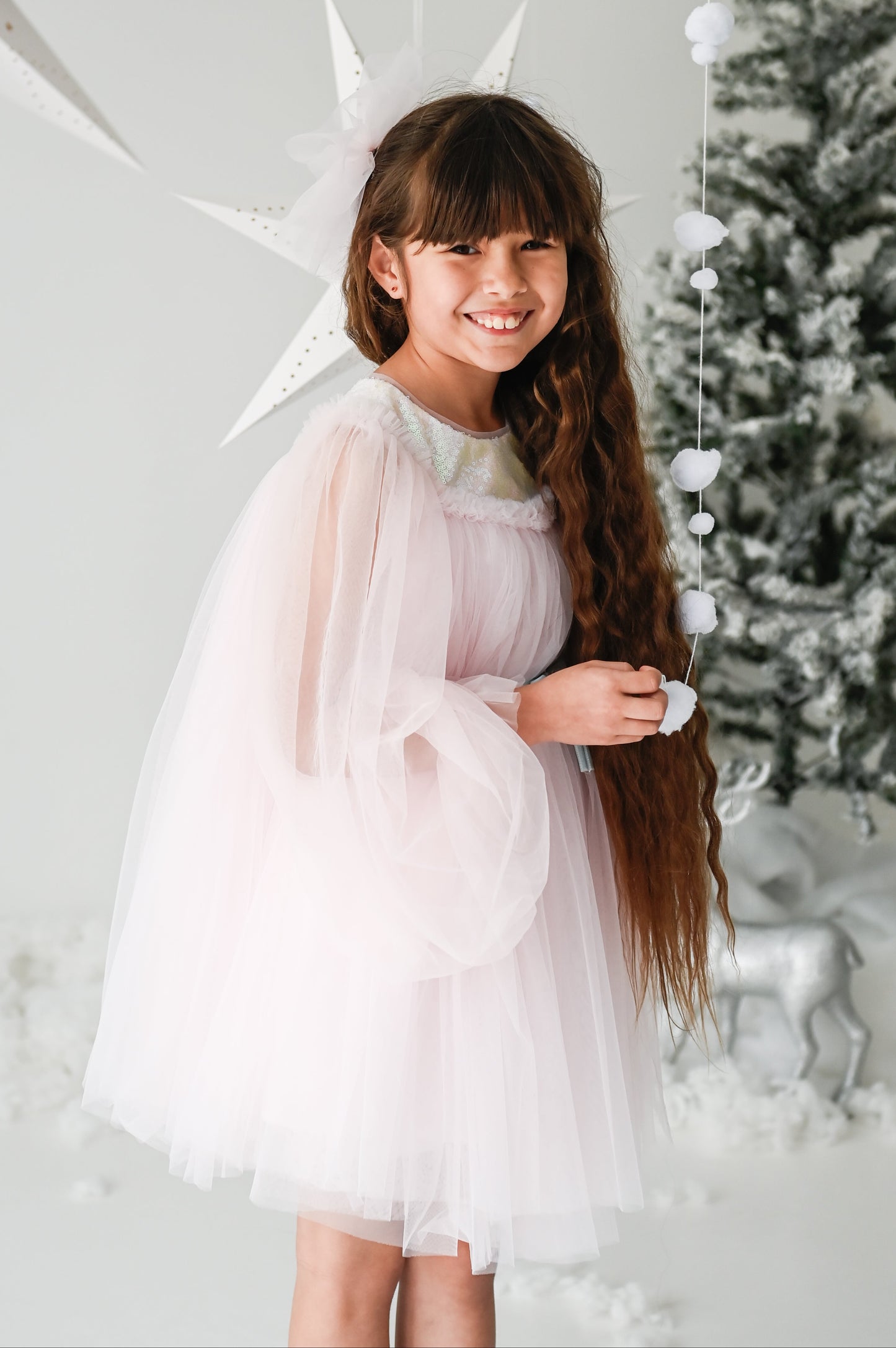 Baby Girls Tulle Long Sleeve  Dress With Velvet belt